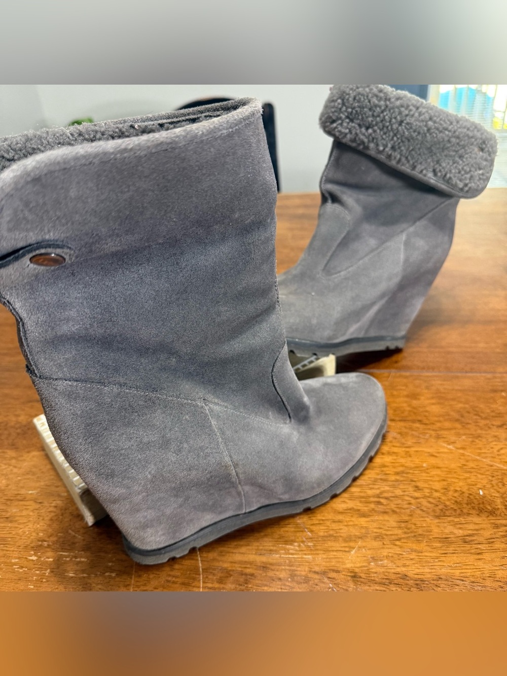 UGG Gray Suede Wedge Boots with Shearling Cuff Size 9